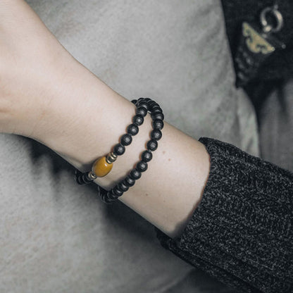 Buddhist Blessing Frosted Cut Surface Black Onyx Topaz Beads Double Wrap Protection Bracelet