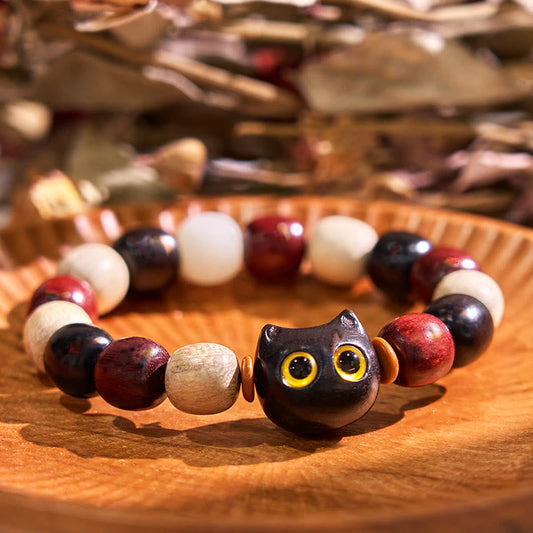 Buddhist Blessing Small Leaf Red Sandalwood Ebony Wood Cute Cat Engraved Protection Bracelet
