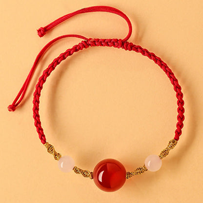 Buddhist Blessing Hetian Jade Black Onyx Red Agate Bead Luck Braided Bracelet