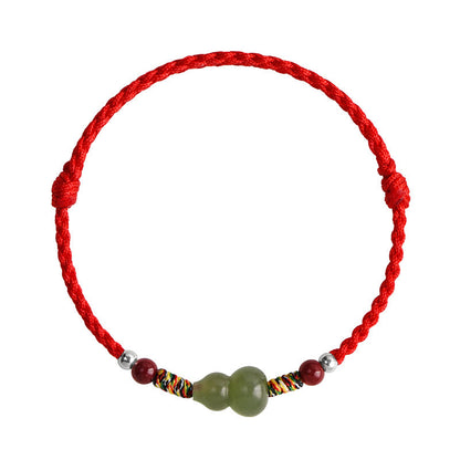Buddhist Blessing Natural Hetian Jade Gourd Protection Luck Braided Bracelet Anklet