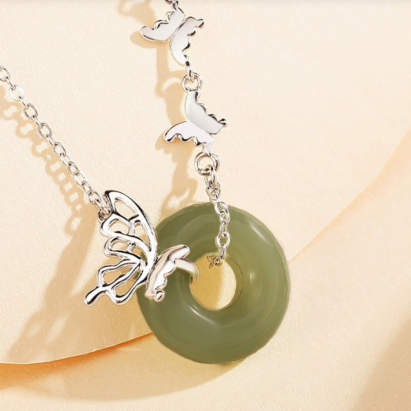 Buddhist Blessing 925 Sterling Silver Natural Hetian Jade Peace Buckle Butterfly Luck Prosperity Bracelet Necklace Pendant