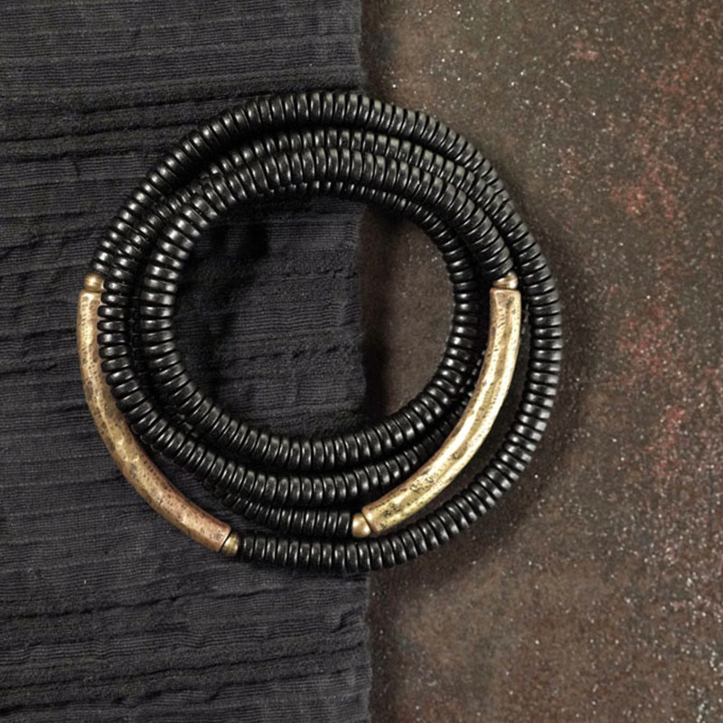 Buddhist Blessing Tibetan Ebony Wood Beads Copper Peace Multilayered Bracelet