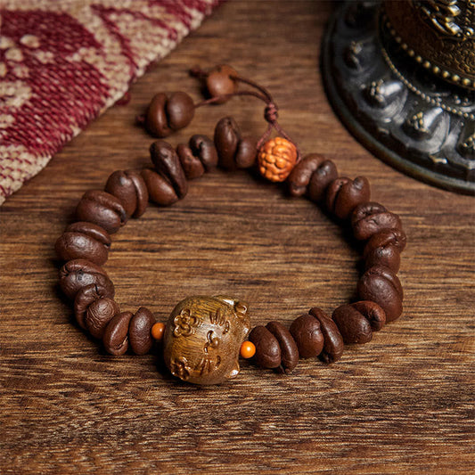 Buddhist Blessing Handmade Lucky Cat Real Coffee Beans Sandalwood Bracelet