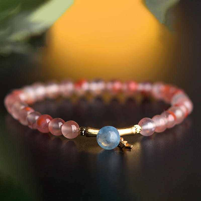 Buddhist Blessing South Red Agate Aquamarine Pearl Hetian Jade Bamboo Flower Fortune Bracelet