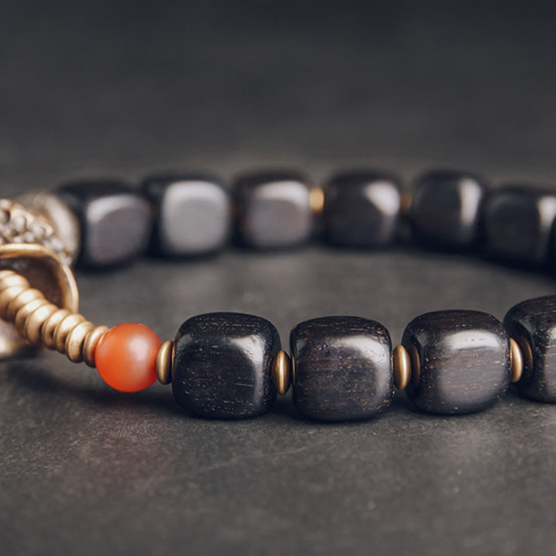 Buddhist Blessing Ebony Wood Copper Brass Red Agate Peace Bracelet