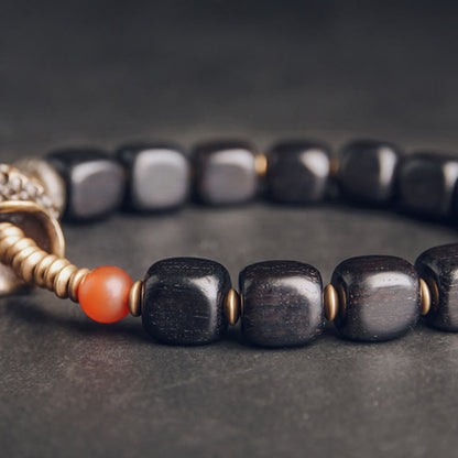 Buddhist Blessing Ebony Wood Copper Brass Red Agate Peace Bracelet
