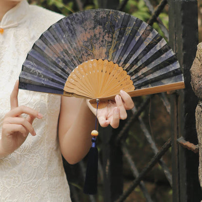 Buddhist Blessing Flower Persimmon Bamboo Leaves Xiangyunsha Silk Handheld Bamboo Folding Fan