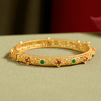 Buddhist Blessing Hollow Design Copper Plated Gold Flower Luck Bracelet Bangle