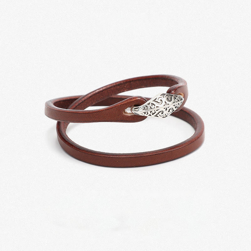 Buddhist Blessing 925 Sterling Silver Leather Multi-turn Protection Bracelet