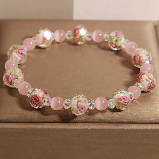 Buddhist Blessing Pink Crystal Liuli Glass Bead Cat's Eye Warmth Bracelet