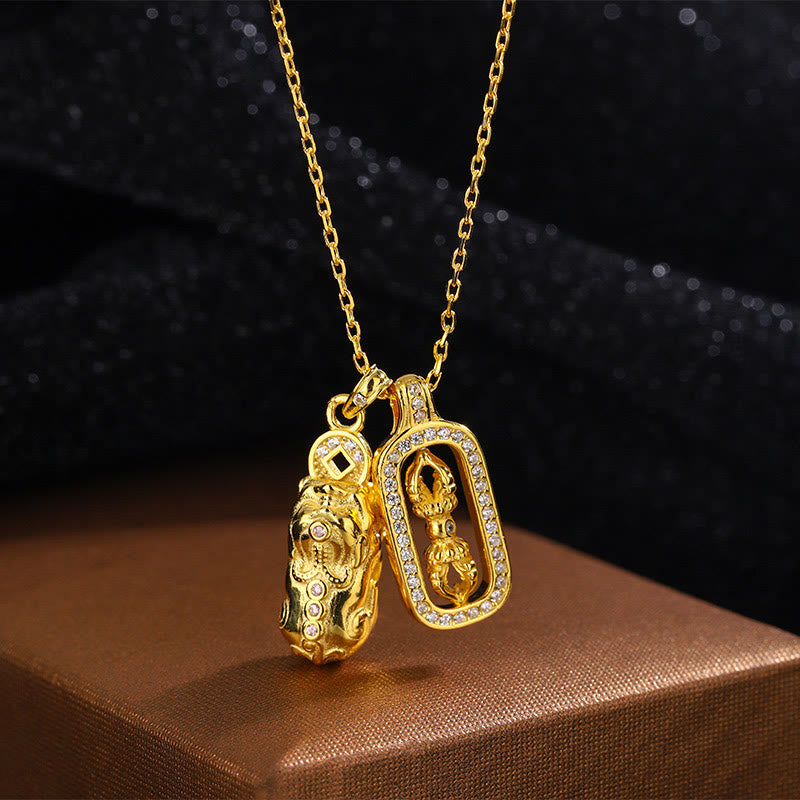 Buddhist Blessing 999 Sterling Silver Golden Pixiu Copper Coin Vajra Wealth Necklace Pendant