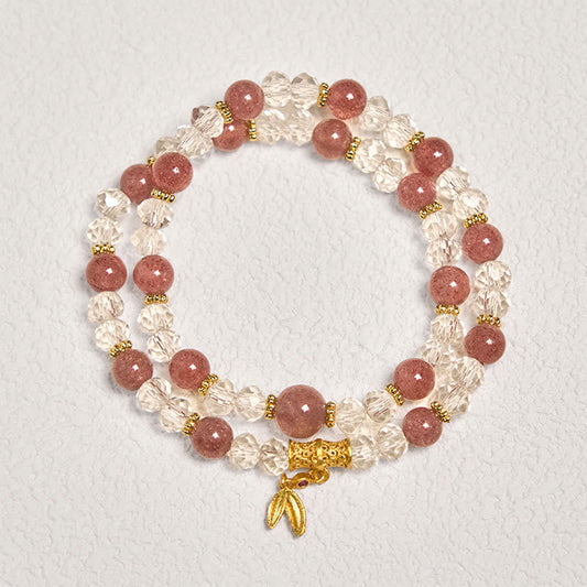 Buddhist Blessing Natural Strawberry Quartz Crystal Bamboo Positive Double Wrap Bracelet