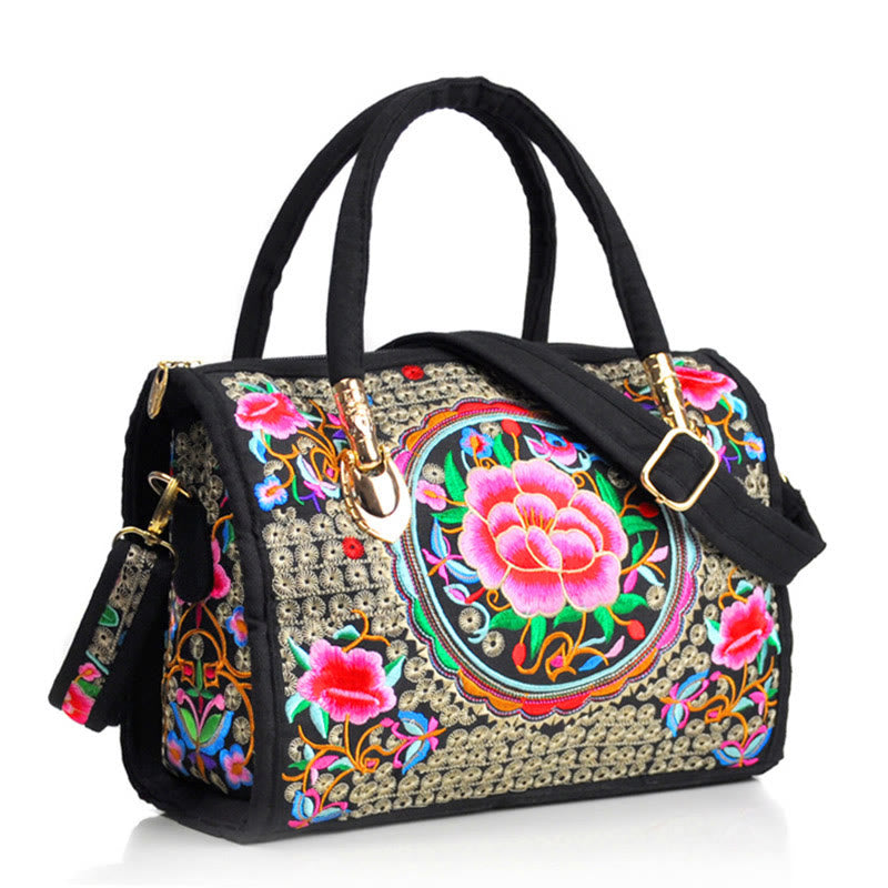 Buddhist Blessing Money Tree Peony Camellia Double-Sided Embroidery Canvas Shopping Purse Handbag Crossbody Bag