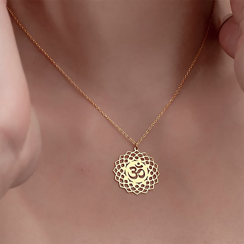 Buddhist Blessing Hollow Lotus Design Om Symbol Stainless Steel Connection Necklace Pendant