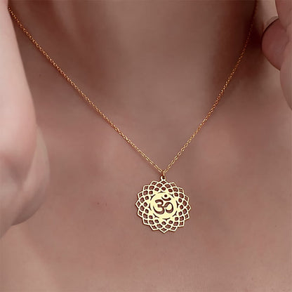 Buddhist Blessing Hollow Lotus Design Om Symbol Stainless Steel Connection Necklace Pendant