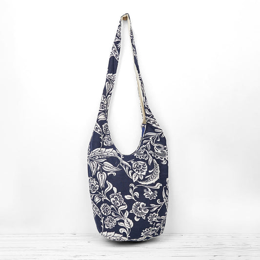 Buddhist Blessing Navy Blue White Flower Pattern Cotton Crossbody Bag Shoulder Bag