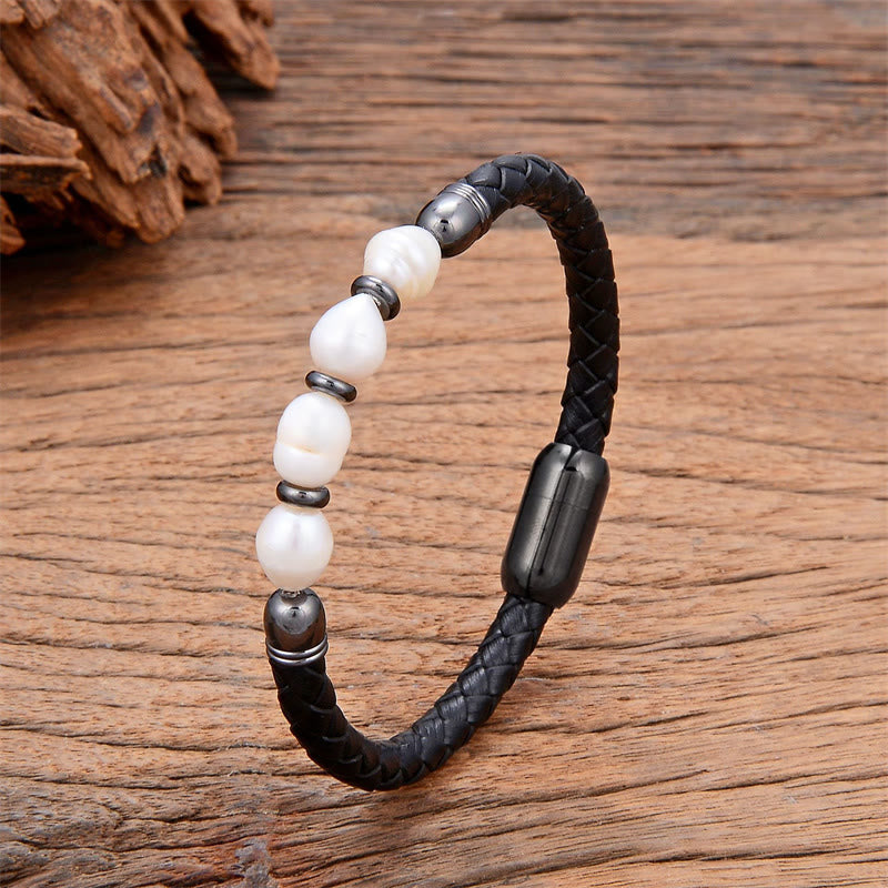 Buddhist Blessing Handmade Irregular Shaped Pearls Healing Leather Titanium Steel Buckle Bracelet