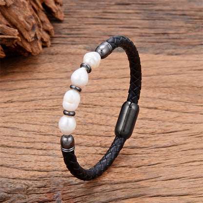 Buddhist Blessing Handmade Irregular Shaped Pearls Healing Leather Titanium Steel Buckle Bracelet