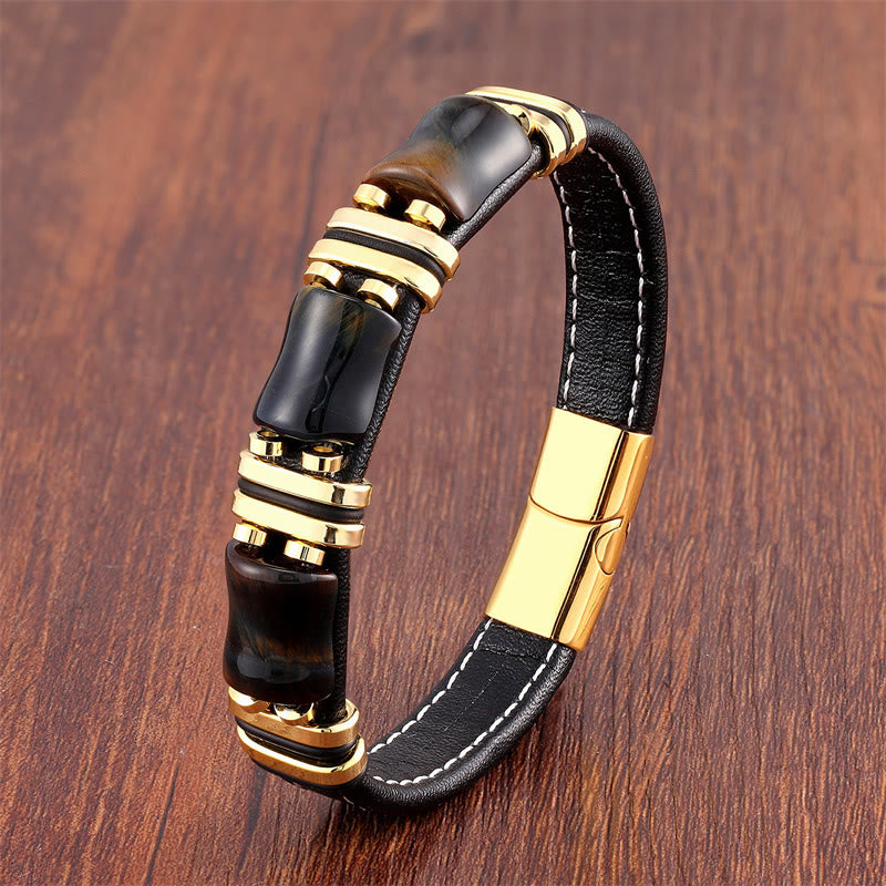 Buddhist Blessing Tiger Eye Three Bamboo Stone Protection Power Leather Bracelet