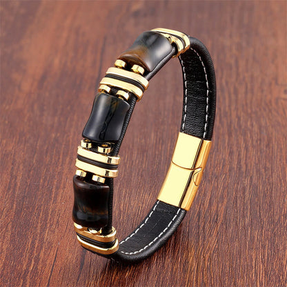 Buddhist Blessing Tiger Eye Three Bamboo Stone Protection Power Leather Bracelet
