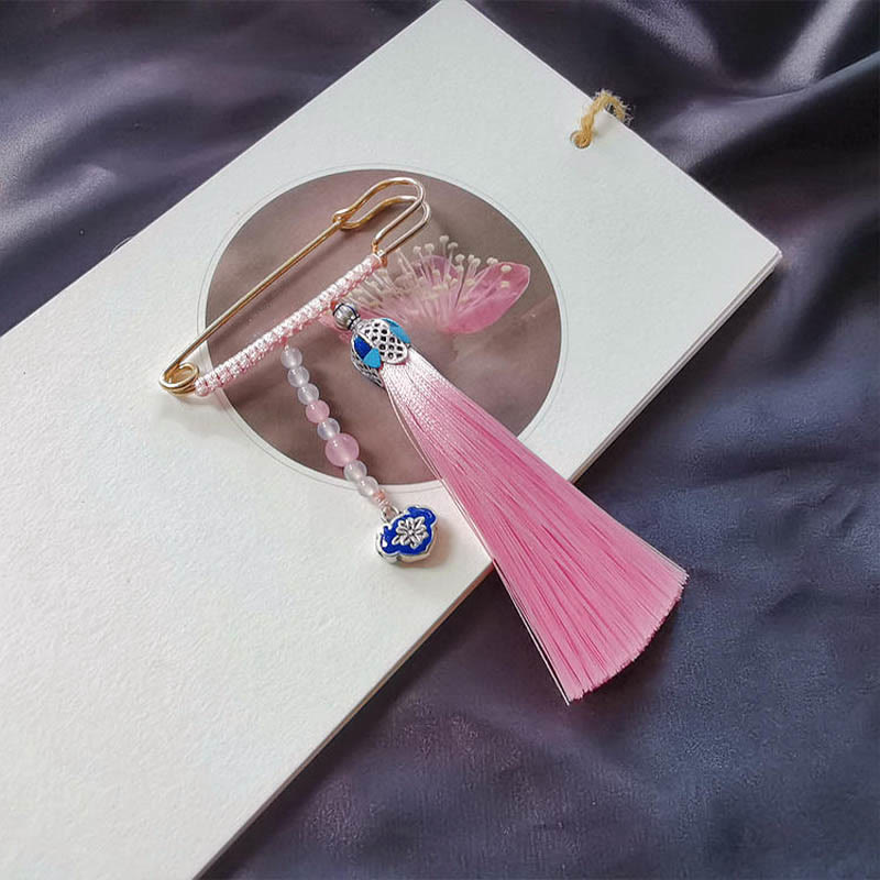 Buddhist Blessing Vintage Chalcedony Beads Tassels Positive Brooch