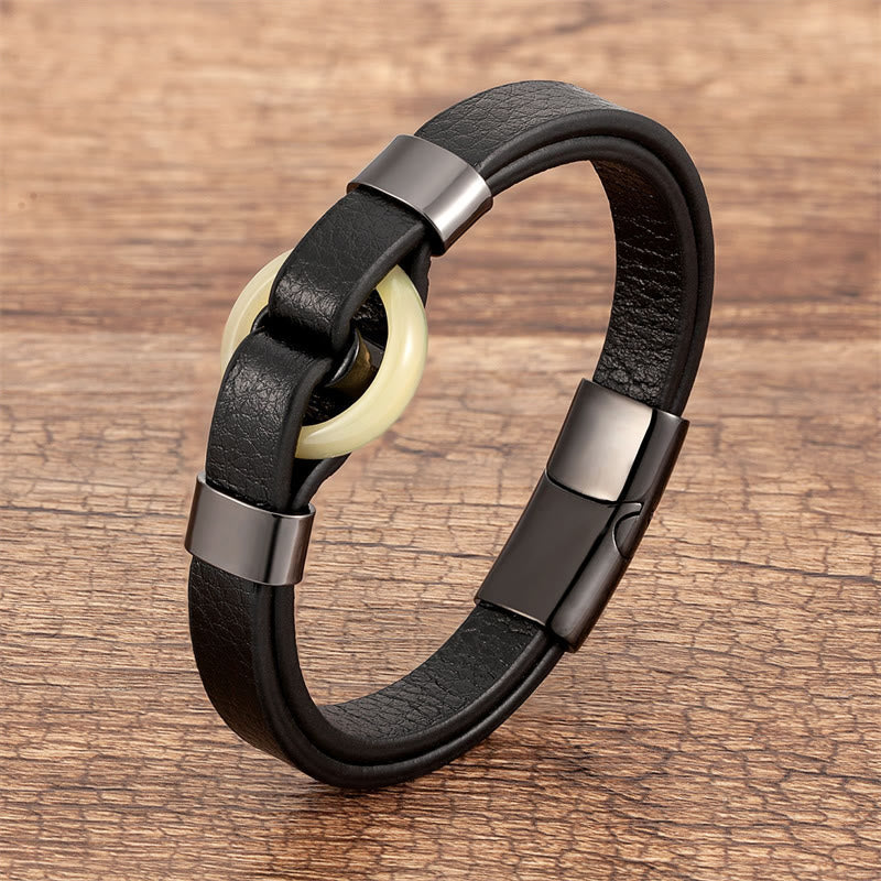 Buddhist Blessing Round Green Aventurine Black Onyx Hematite Agate Rose Quartz Stone Balance Leather Magnetic Buckle Bracelet