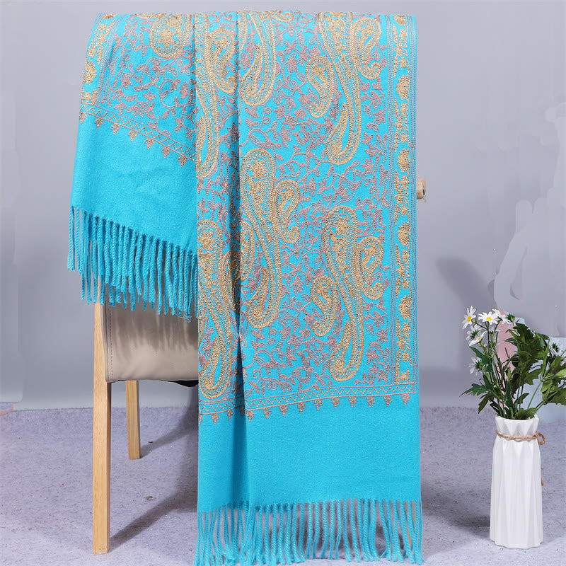 Buddhist Blessing Rayon Fabric Shawl Golden Cashew Flowers Embroidery Tassel Winter Cozy Travel Scarf Wrap