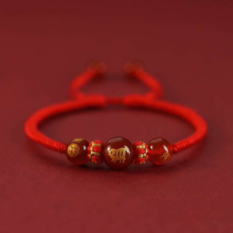 Buddhist Blessing Handmade Red Agate Chinese Zodiac Red String Braided Protection Bracelet
