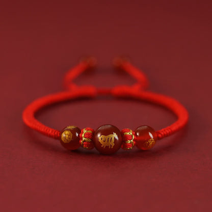 Buddhist Blessing Handmade Red Agate Chinese Zodiac Red String Braided Protection Bracelet