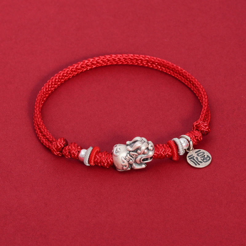 Buddhist Blessing 925 Sterling Silver PiXiu Fu Character Wealth Luck Handmade Braided Bracelet