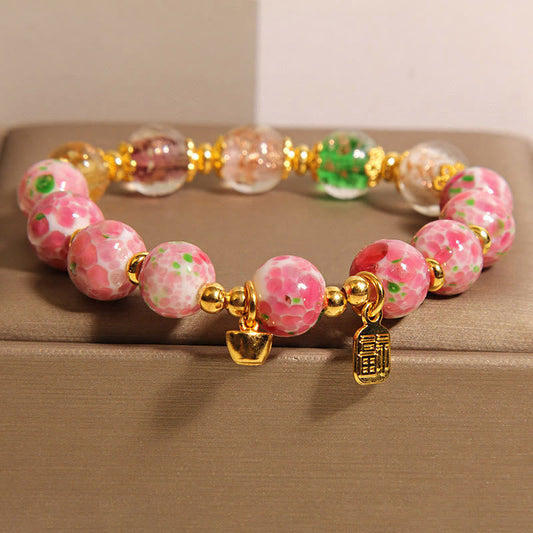 Buddhist Blessing Fu Character Pink Liuli Luck Bracelet