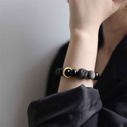 Buddhist Blessing Black Obsidian Silver Sheen Obsidian Lion Strength Bracelet