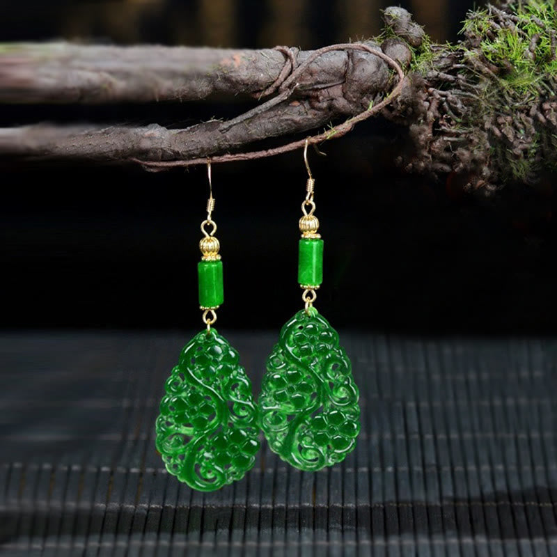 Buddhist Blessing Water Droplet Hollow Shape Jade Red Agate 925 Sterling Silver Luck Earrings