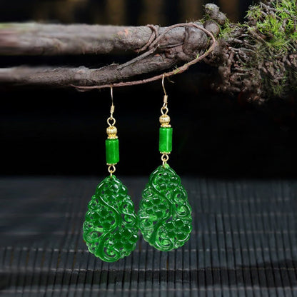 Buddhist Blessing Water Droplet Hollow Shape Jade Red Agate 925 Sterling Silver Luck Earrings
