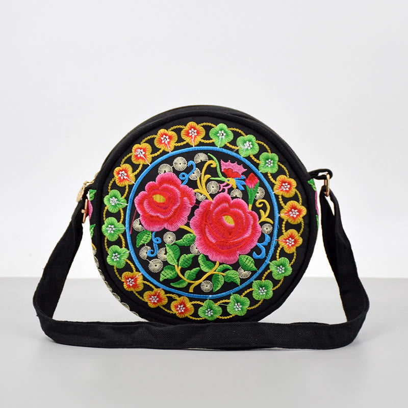 Buddhist Blessing Money Tree Galsang Inula Flower Peony Rose Peacock Double-Sided Embroidery Canvas Shopping Purse Handbag Crossbody Bag