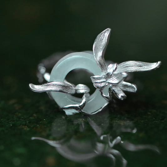 Buddhist Blessing 925 Sterling Silver Iris Design Peace Buckle Quartzite Jade Balance Ring