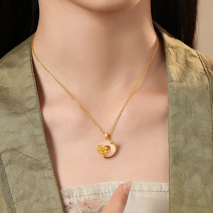 Buddhist Blessing Chalcedony 925 Sterling Silver Peace Buckle Flowers Necklace Pendant