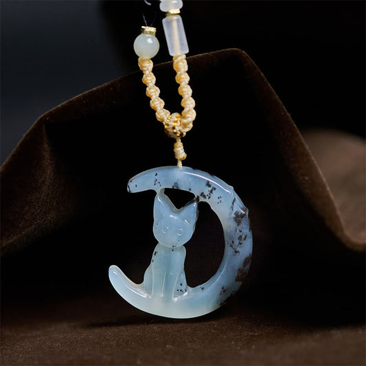 Buddhist Blessing Natural Xiuyan Jade Crescent Moon Cat Balance Necklace Pendant