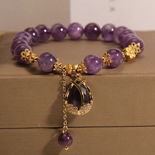 Buddhist Blessing Amethyst Lily Charm Balance Healing Bracelet