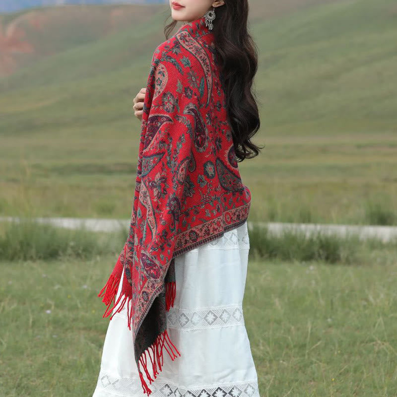 Buddhist Blessing Tibetan Cashew Flowers Leaves Vine Tassels Shawl Fall Winter Soft Cozy Scarf Wrap