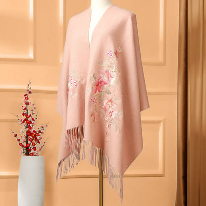 Buddhist Blessing Wool Shawl Red Flower Leaves Embroidery Tassel Winter Cozy Travel Scarf Wrap