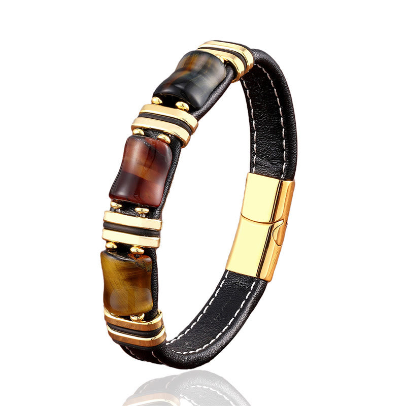 Buddhist Blessing Tiger Eye Three Bamboo Stone Protection Power Leather Bracelet