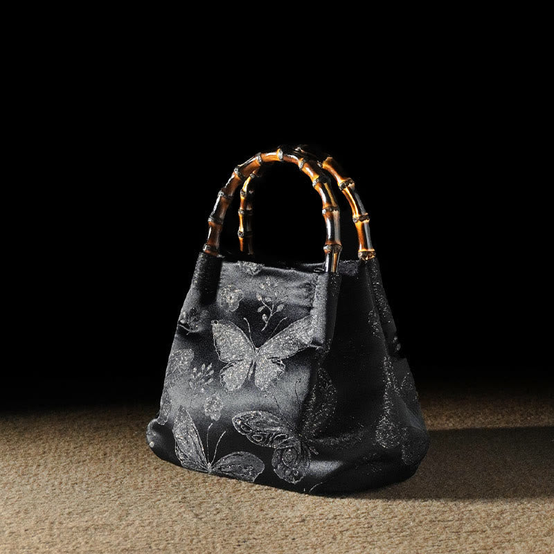 Buddhist Blessing Jacquard Flowers Butterfly Bamboo Handle Metal Chain Crossbody Bag Hangbags