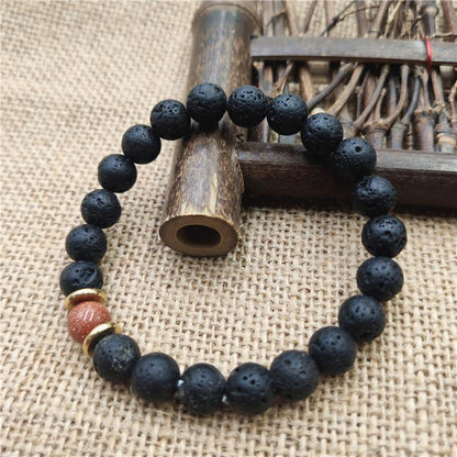 Buddhist Blessing Lava Rock Goldstone Blue Sandstone Healing Bracelet