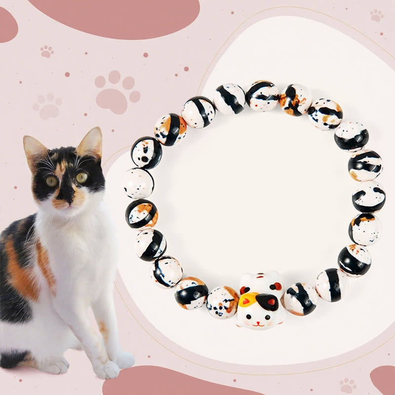 Buddhist Blessing Calico Cat Natural Stone Ceramic Kitten Head Strength Bracelet