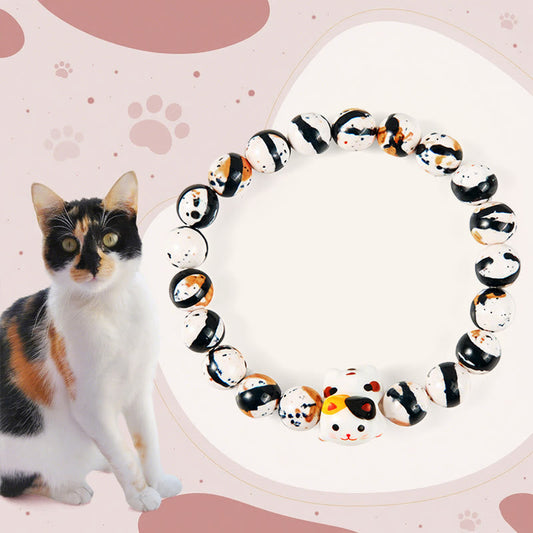 Buddhist Blessing Calico Cat Natural Stone Ceramic Kitten Head Strength Bracelet