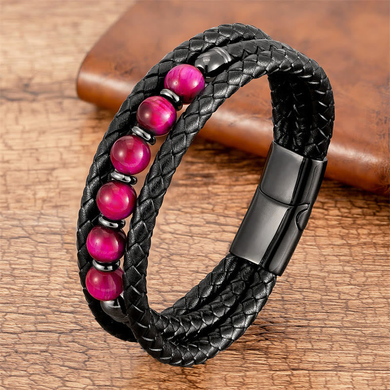 Buddhist Blessing Tiger Eye Lava Rock Hematite Black Onyx Bead Positive Leather Bracelet
