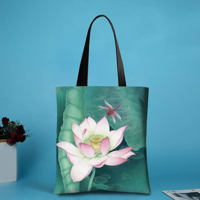 Buddhist Blessing Large Capacity Handmade Canvas Ink Lotus Dragonfly Shoulder Bag Shopping Bag