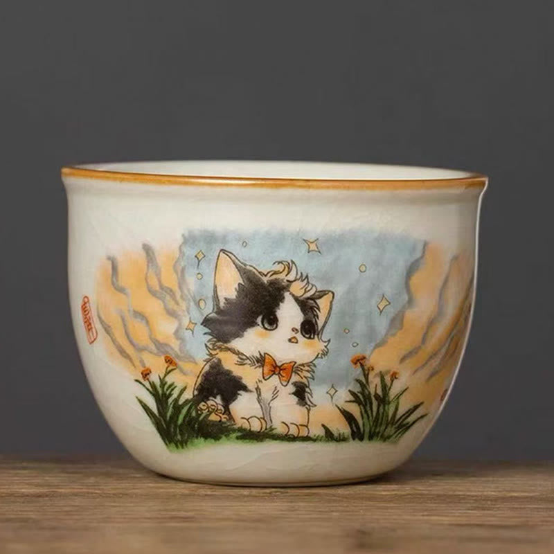 Buddhist Blessing Cute Bow Tie Cat Teacup Kung Fu Tea Cup