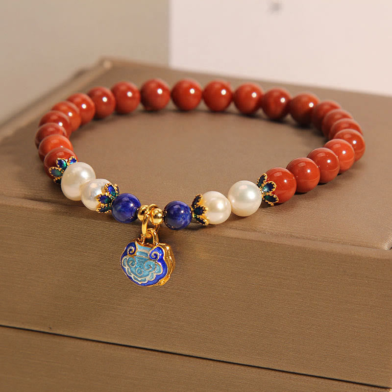 Buddhist Blessing Natural South Red Agate Pearl Peace Lock Charm Positive Bracelet